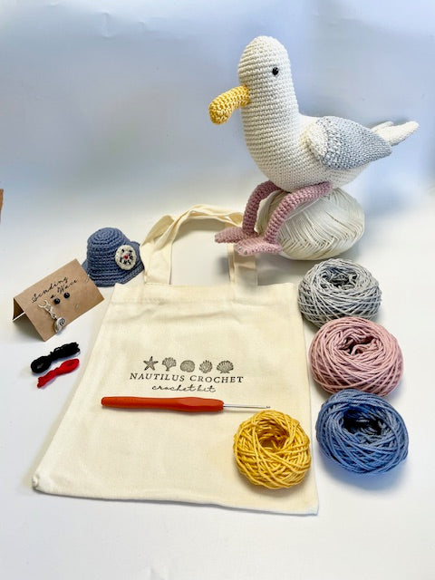 Cliff the Seagull. Complete Eco Crochet Kit. Luxury Yarns, Tote, Step by Step Instructions, Hook, Silver Stitch Marker & more!