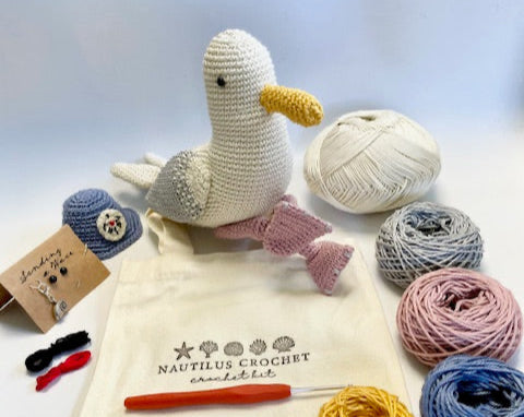 Cliff the Seagull. Complete Eco Crochet Kit. Luxury Yarns, Tote, Step by Step Instructions, Hook, Silver Stitch Marker & more!