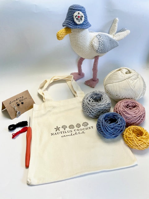 Cliff the Seagull. Complete Eco Crochet Kit. Luxury Yarns, Tote, Step by Step Instructions, Hook, Silver Stitch Marker & more!