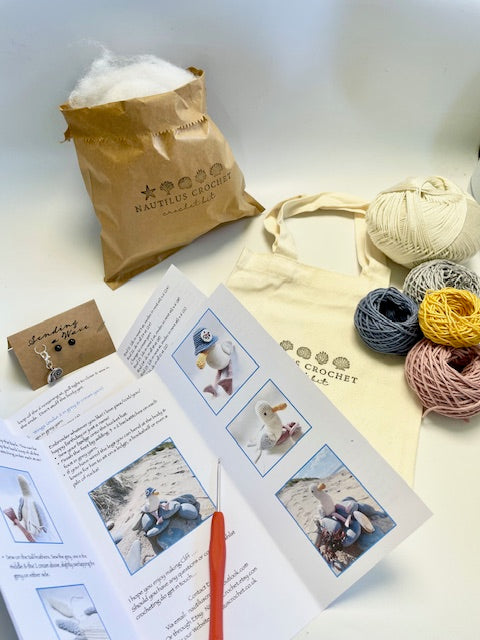 Cliff the Seagull. Complete Eco Crochet Kit. Luxury Yarns, Tote, Step by Step Instructions, Hook, Silver Stitch Marker & more!