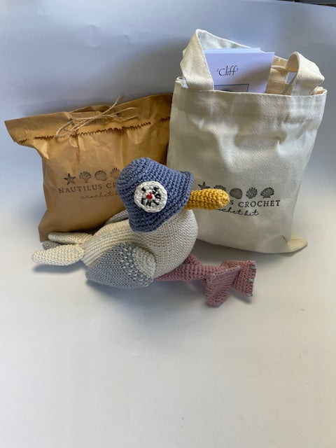 Cliff the Seagull. Complete Eco Crochet Kit. Luxury Yarns, Tote, Step by Step Instructions, Hook, Silver Stitch Marker & more!