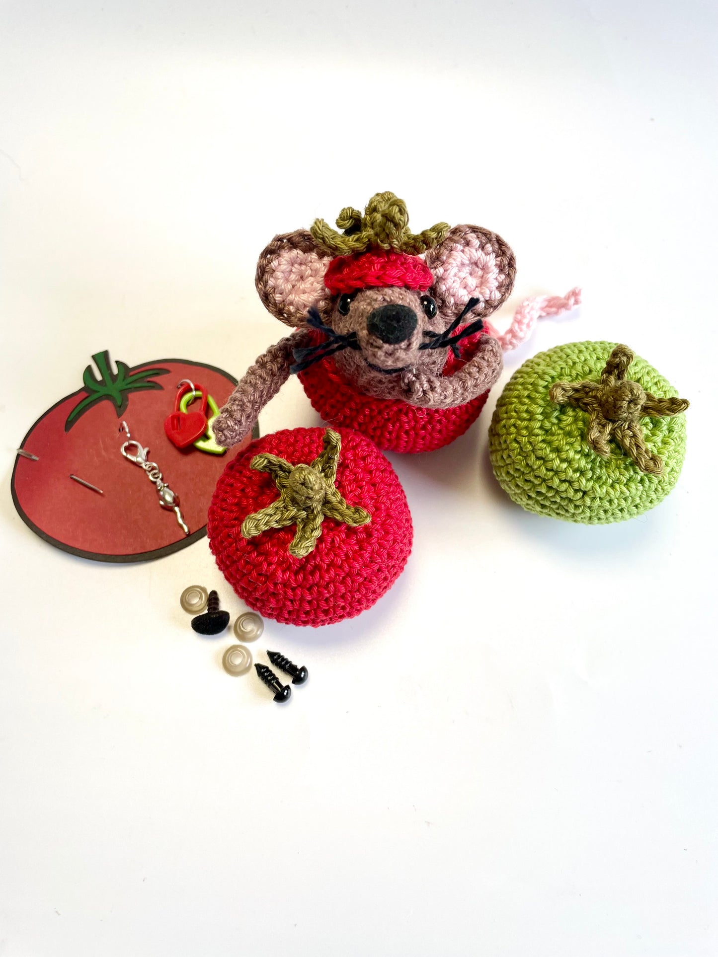 Rollo, Tomato Mouse! Complete Amigurumi Crochet Kit for beginners up. Featuring luxury British yarns.