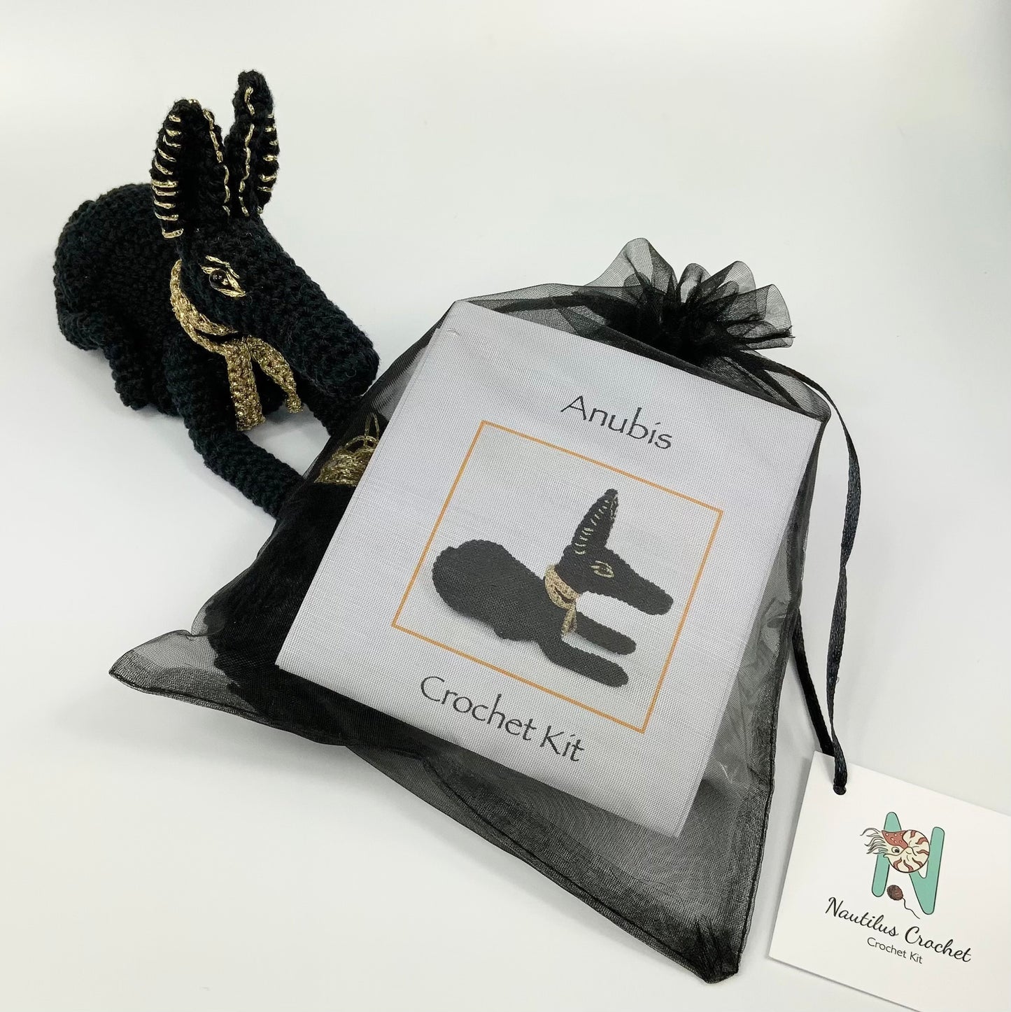 Anubis Crochet Kit. Complete Kit with Luxury British Yarn & a silver-plated Ankh Stitch-Marker. Designed for The British Museum.
