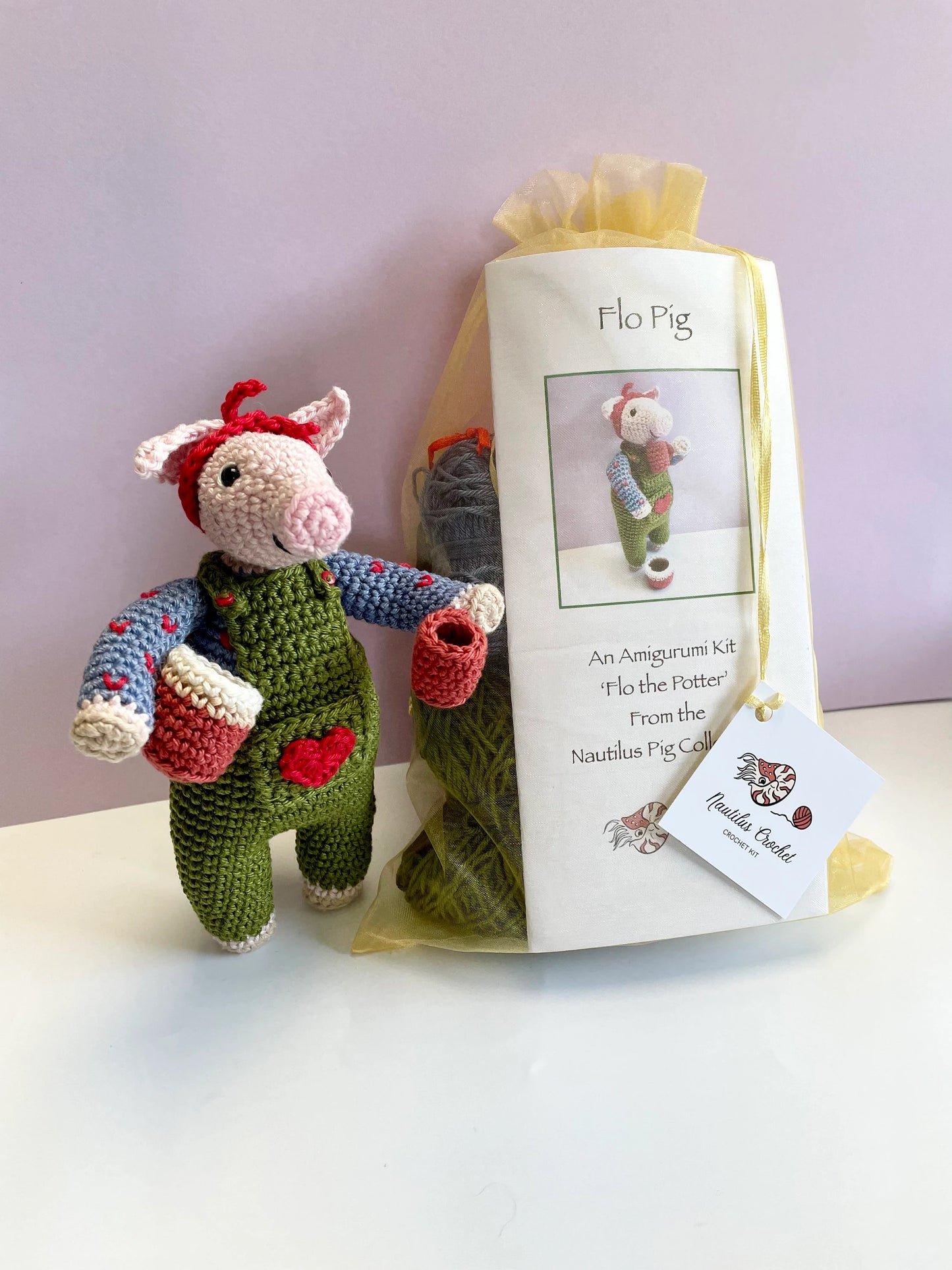 Flo The Potter! Pig Amigurumi Crochet Kit featuring Flo, A gorgeous dungaree clad pig with a passion for Pottery!