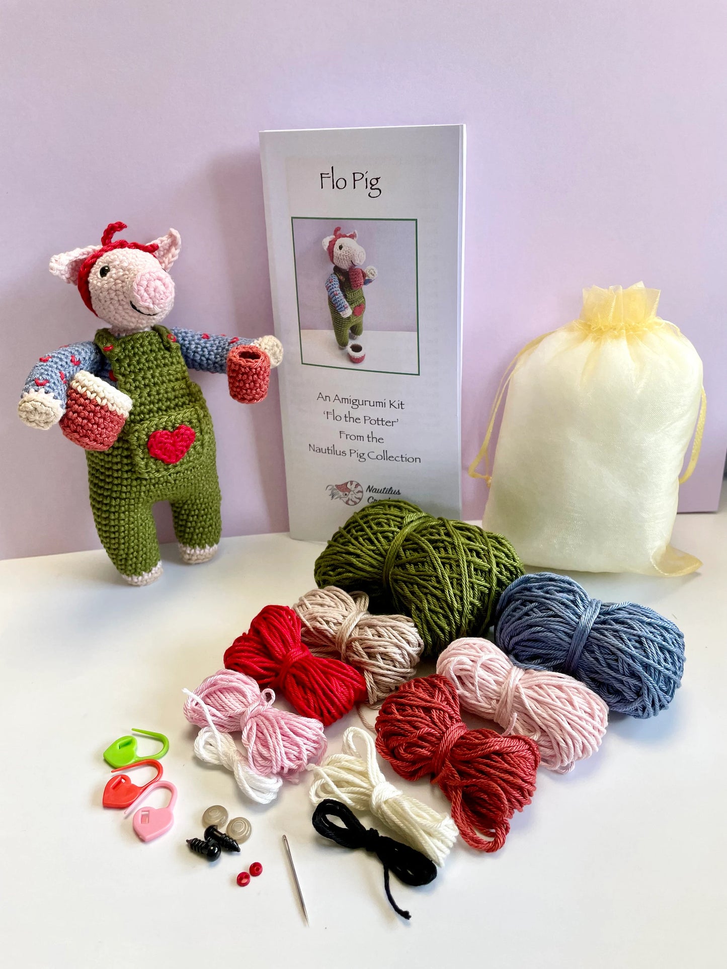Flo The Potter! Pig Amigurumi Crochet Kit featuring Flo, A gorgeous dungaree clad pig with a passion for Pottery!
