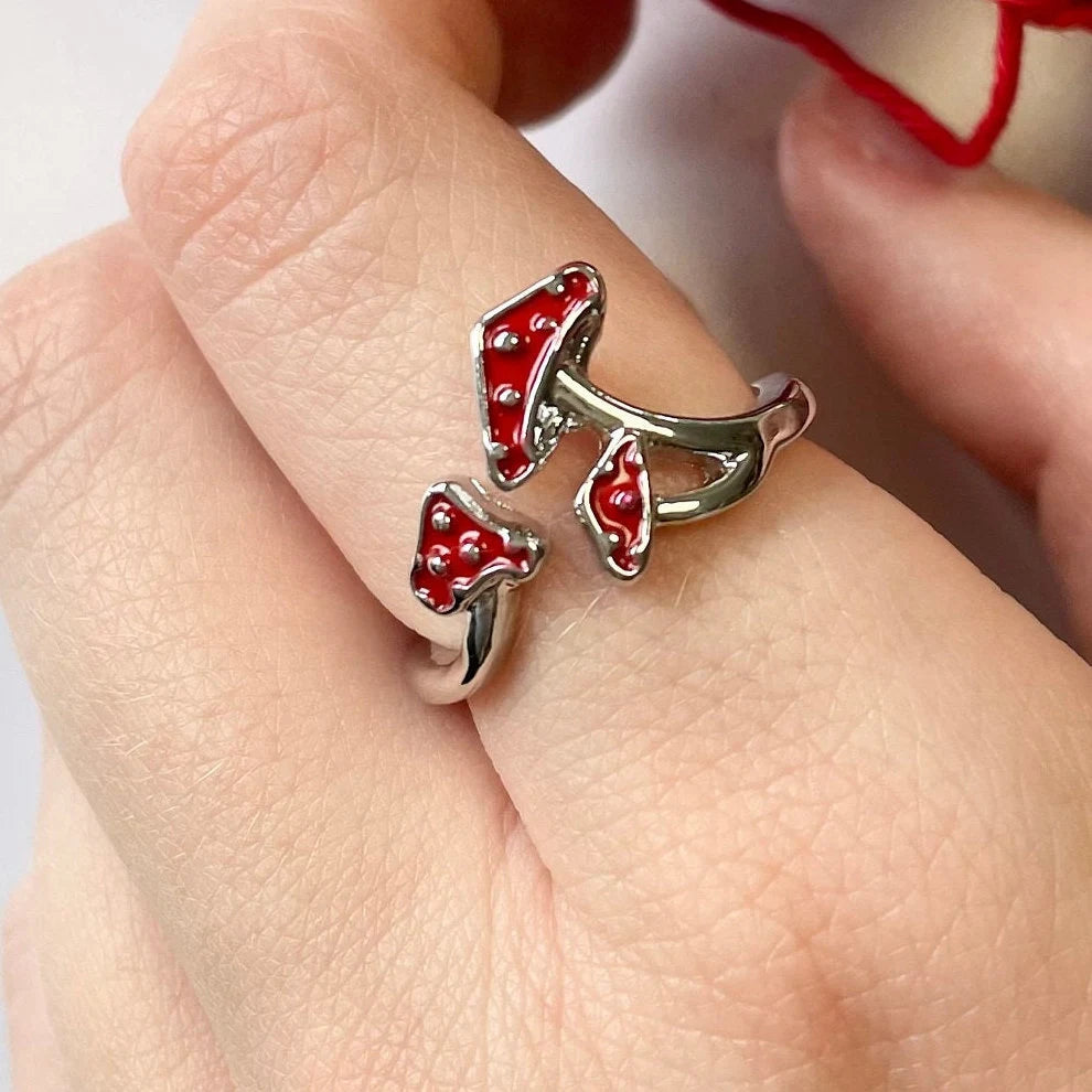 Toadstool Mushroom Crochet Ring. 3 adorable Amanita Mushrooms feature in this silver plated, adjustable ring for crochet tension & comfort.