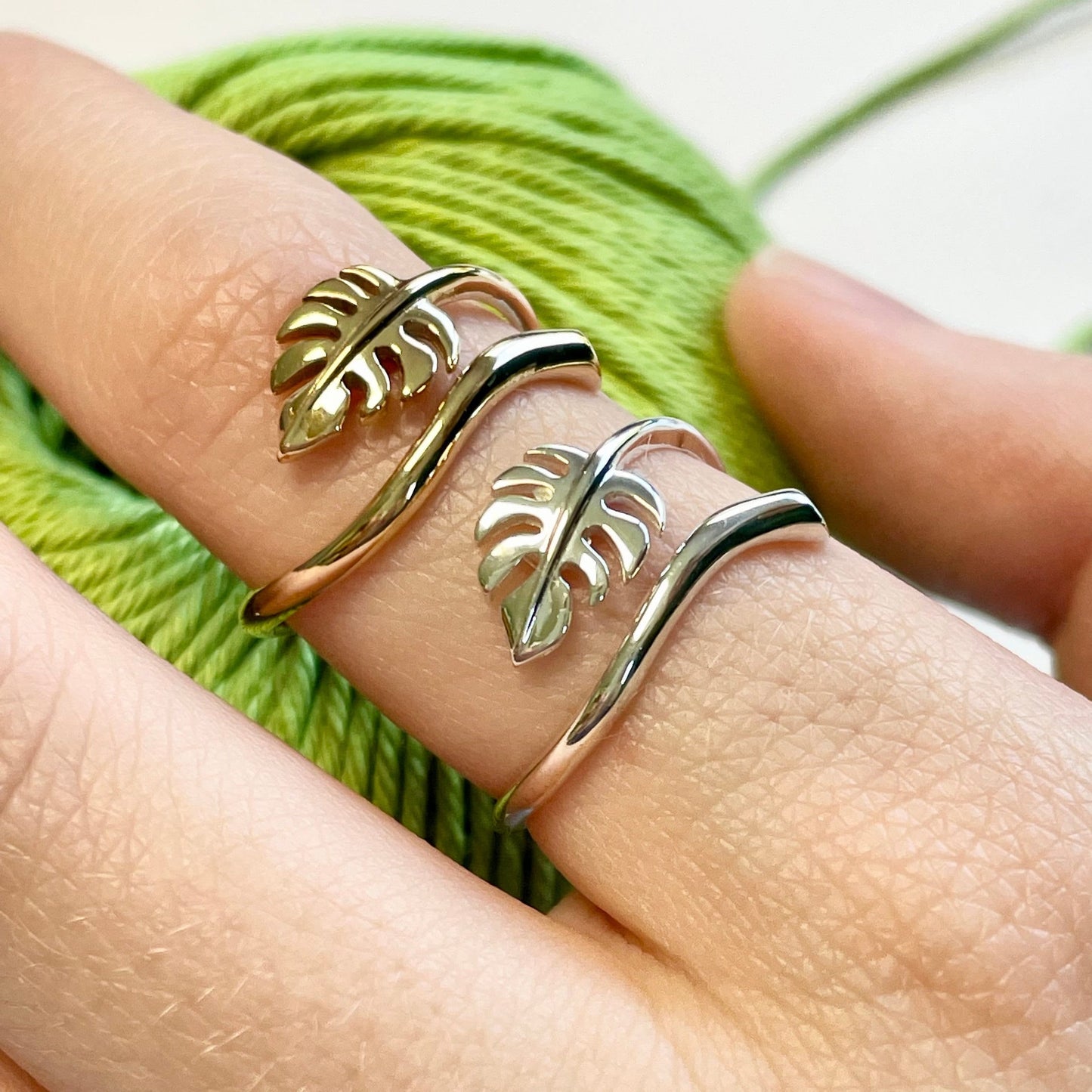 Monstera Crochet Ring. Adjustable for crochet tension and comfort. Handmade in Recycled Silver or Recycled Bronze.
