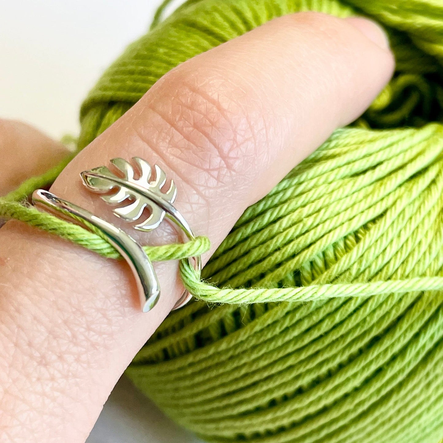 Monstera Crochet Ring. Adjustable for crochet tension and comfort. Handmade in Recycled Silver or Recycled Bronze.