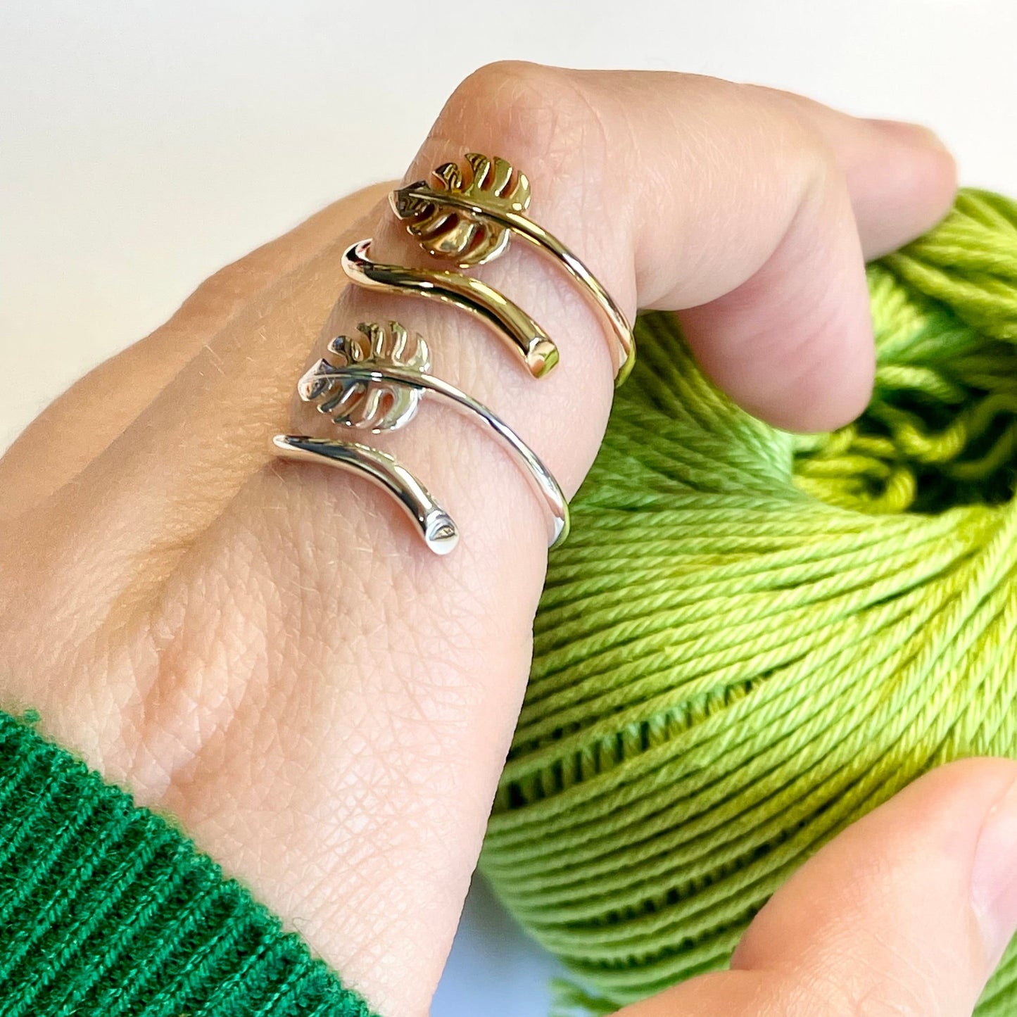 Monstera Crochet Ring. Adjustable for crochet tension and comfort. Handmade in Recycled Silver or Recycled Bronze.