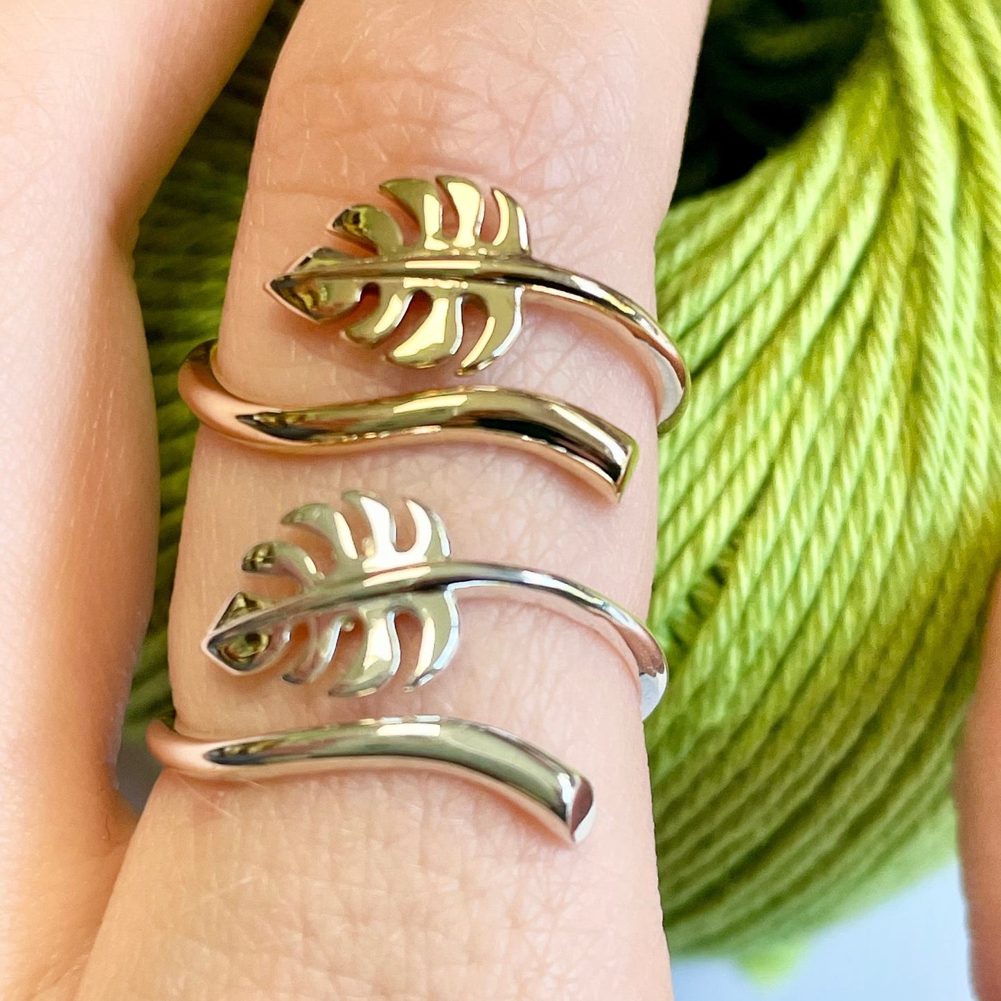 Monstera Crochet Ring. Adjustable for crochet tension and comfort. Handmade in Recycled Silver or Recycled Bronze.