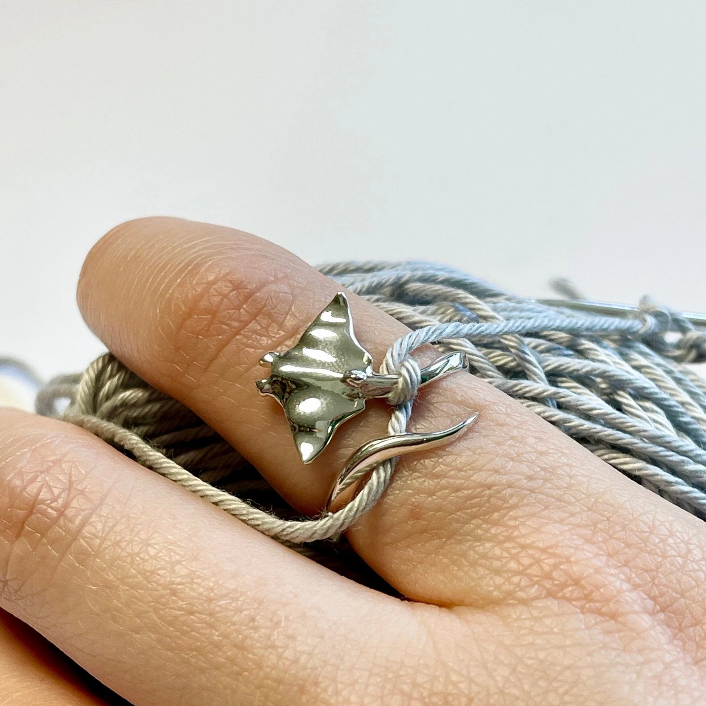 Manta Ray Sterling Silver Crochet Ring. Adjustable for crochet tension and comfort. Handmade in Recycled Silver.