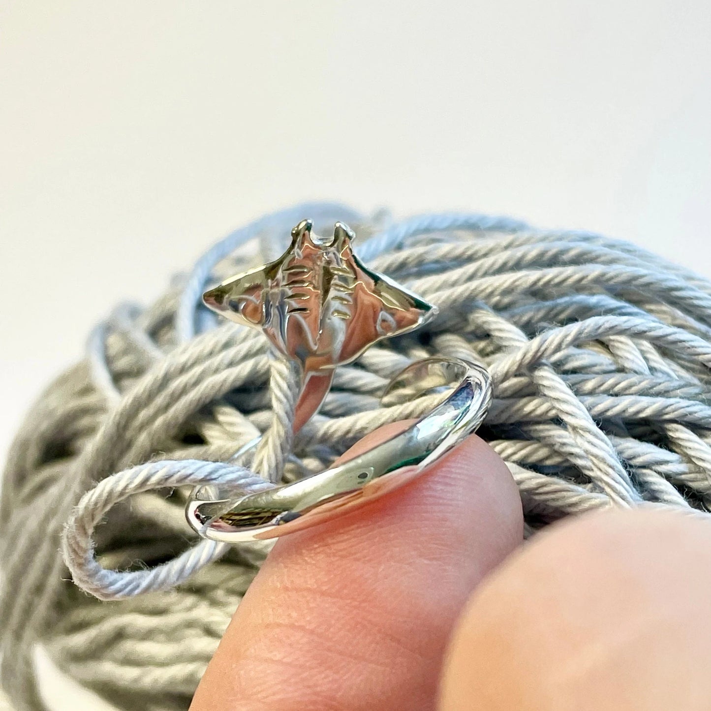 Manta Ray Sterling Silver Crochet Ring. Adjustable for crochet tension and comfort. Handmade in Recycled Silver.