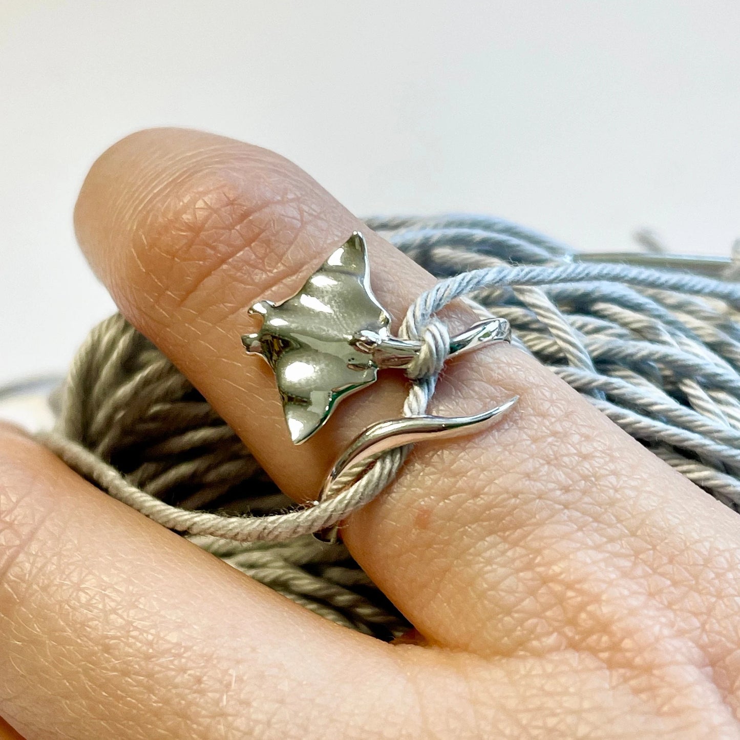 Manta Ray Sterling Silver Crochet Ring. Adjustable for crochet tension and comfort. Handmade in Recycled Silver.