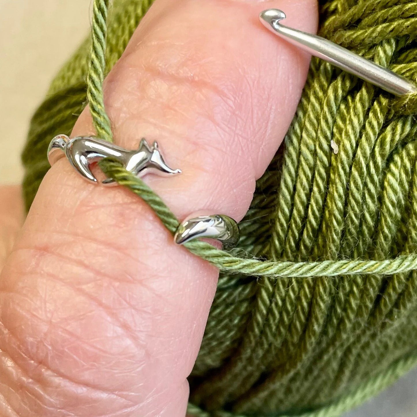 Running Fox Sterling Silver Crochet Ring. Adjustable for crochet tension and comfort.