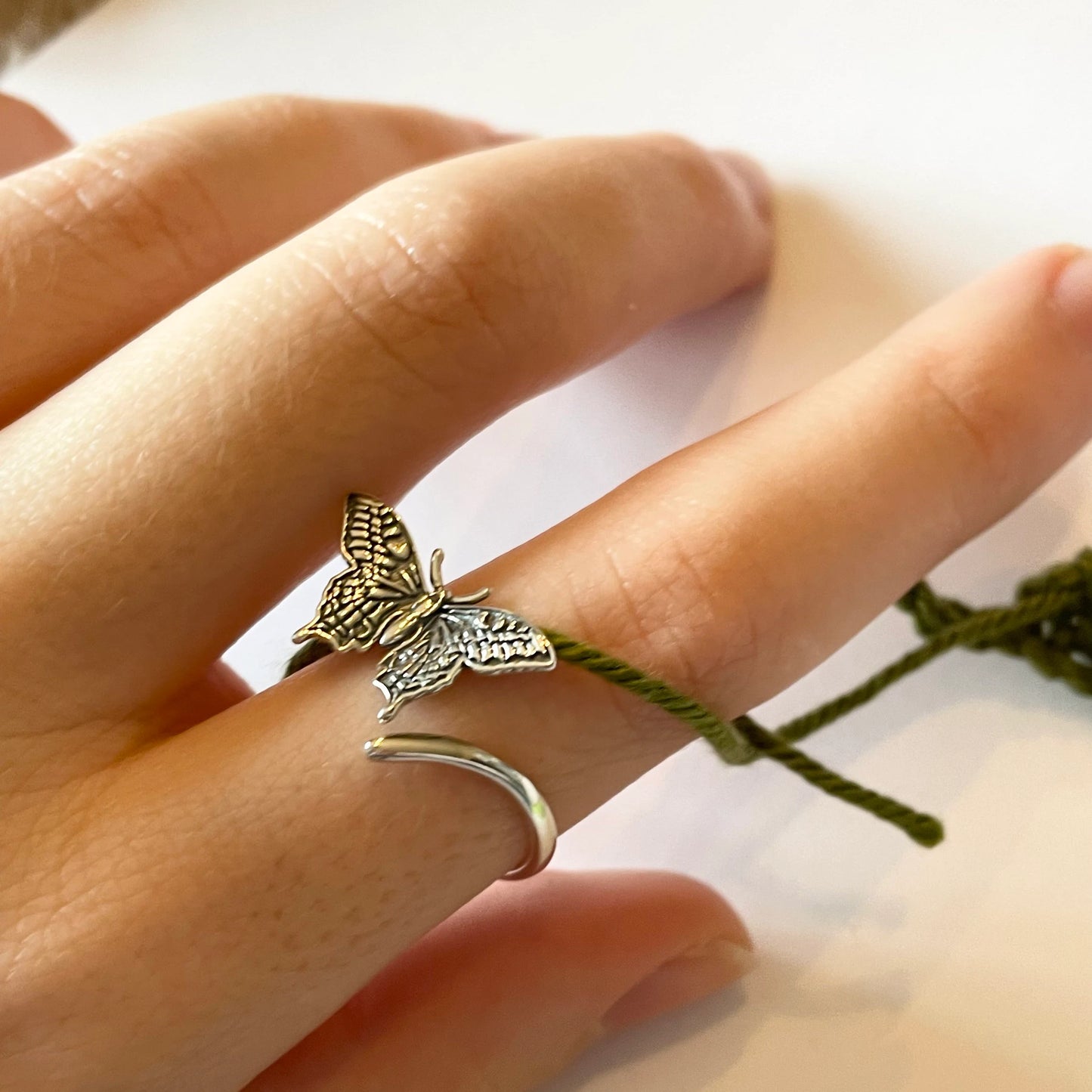 Butterfly Sterling Silver Crochet Ring. Adjustable size for crochet tension and comfort. Painted Lady Butterfly Silver Ring.