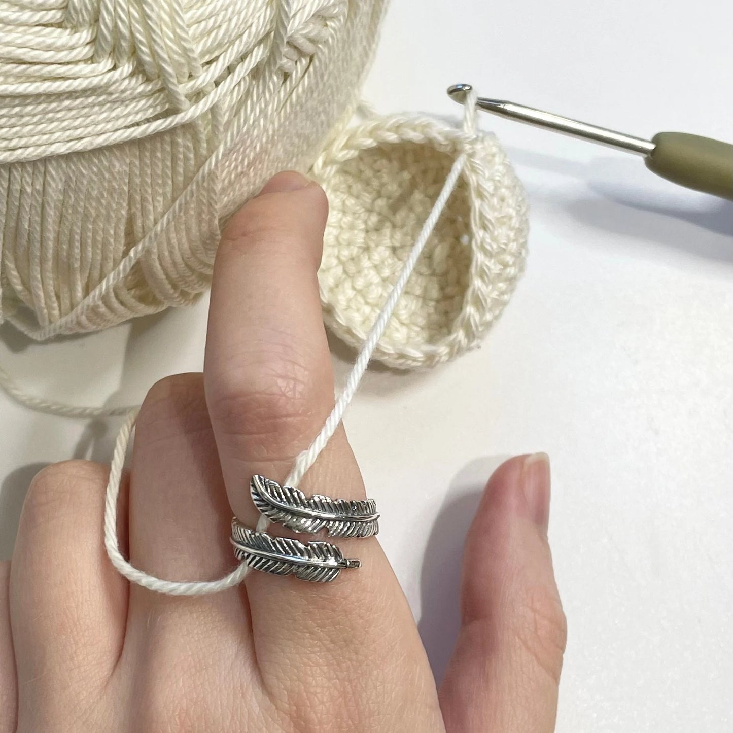 Feather Sterling Silver Crochet Ring. Adjustable for crochet tension and comfort. Handmade in Sterling Silver.