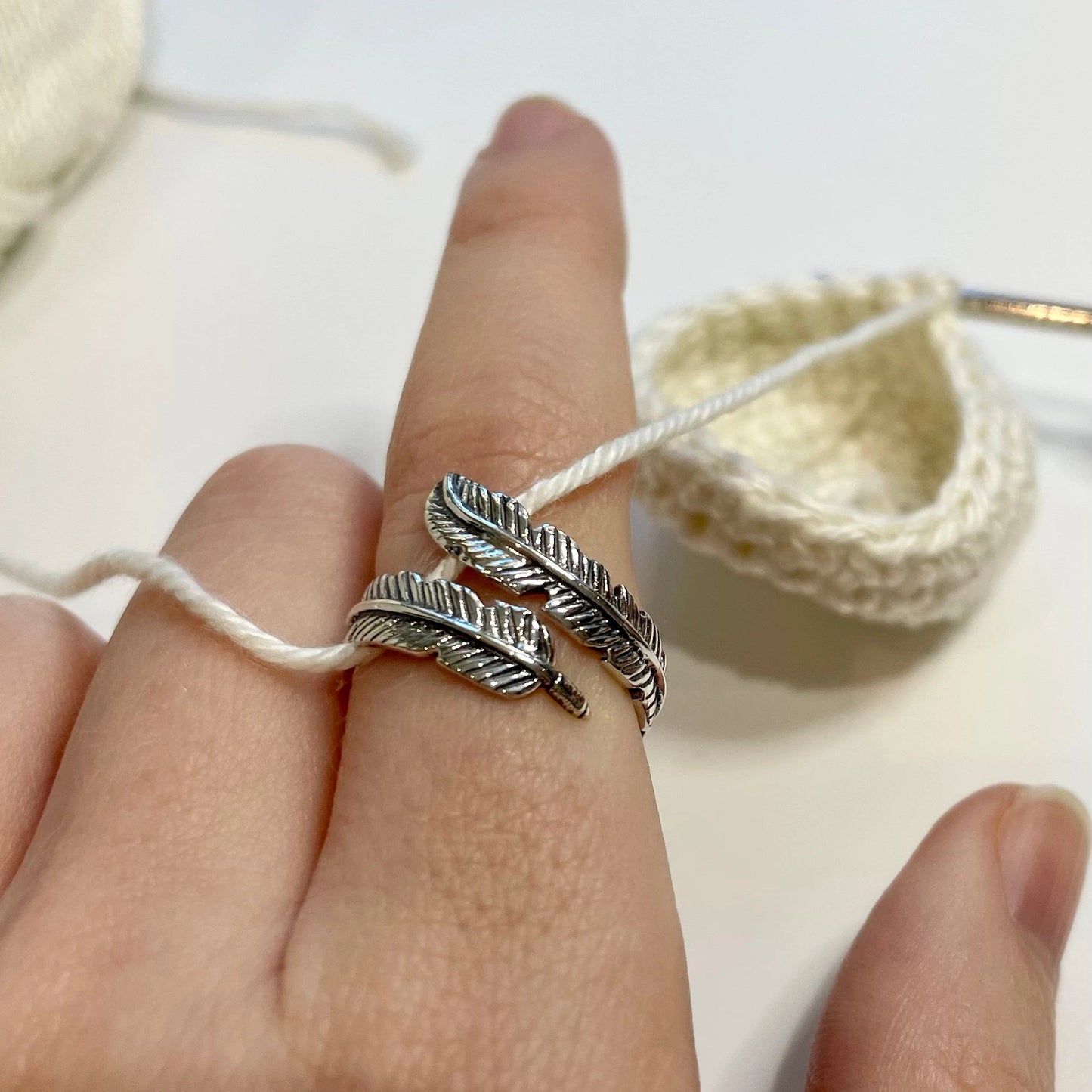 Feather Sterling Silver Crochet Ring. Adjustable for crochet tension and comfort. Handmade in Sterling Silver.