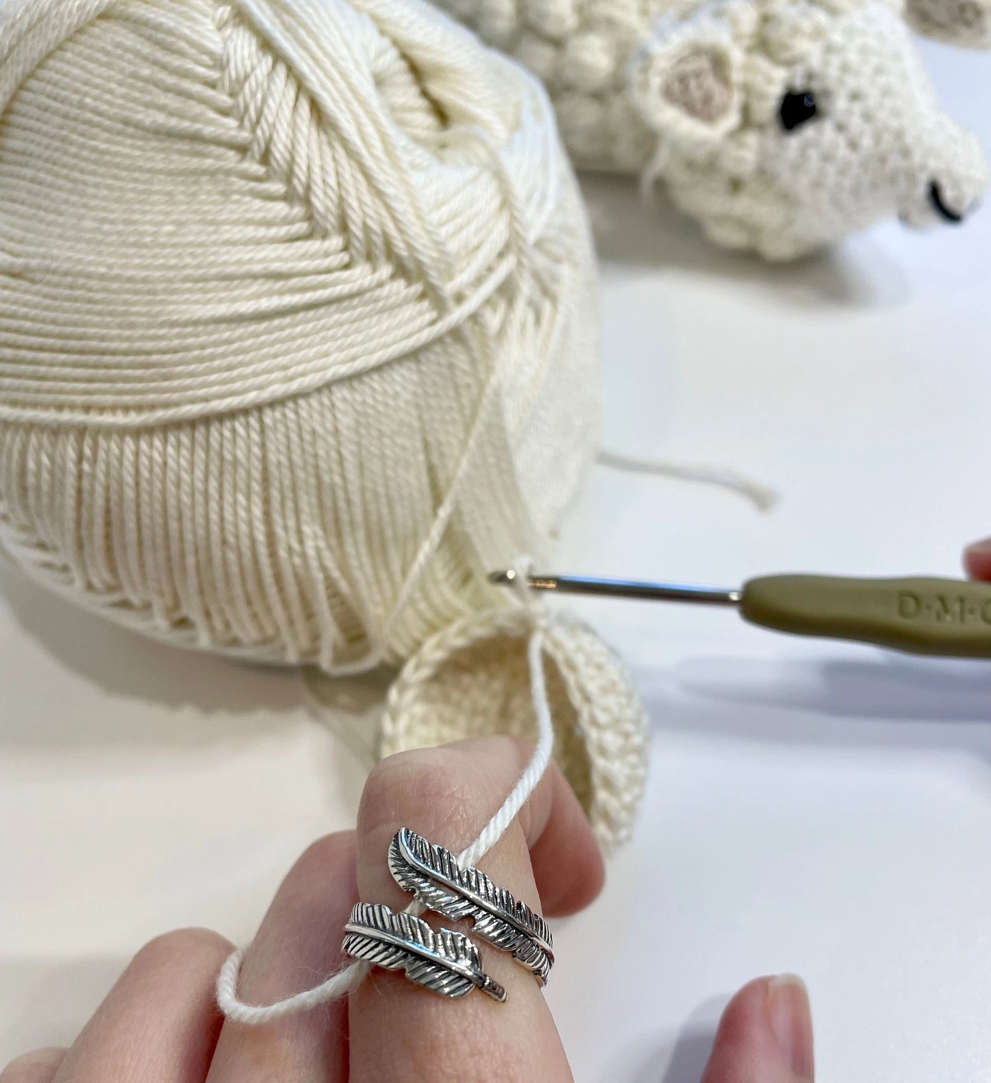 Feather Sterling Silver Crochet Ring. Adjustable for crochet tension and comfort. Handmade in Sterling Silver.