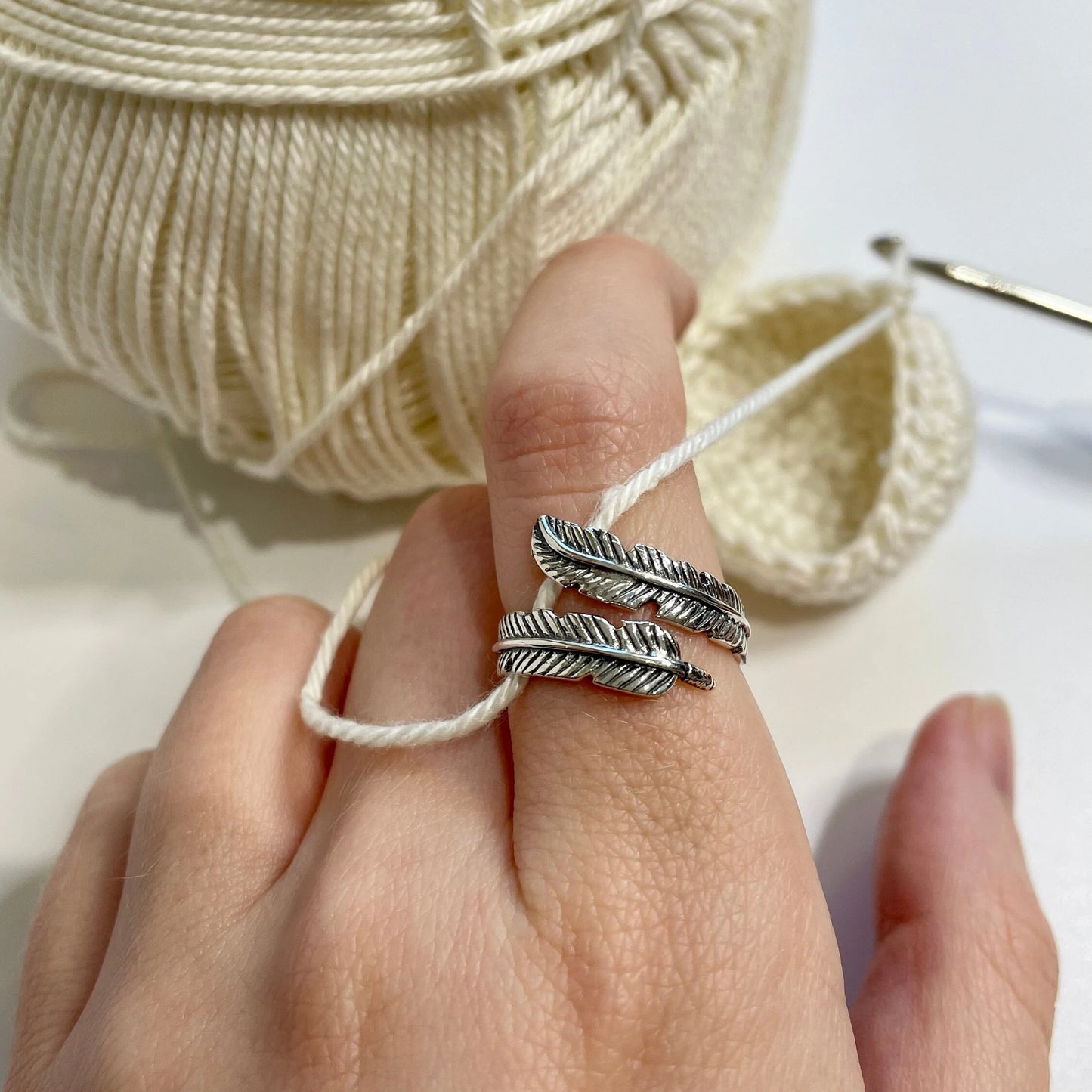 Feather Sterling Silver Crochet Ring. Adjustable for crochet tension and comfort. Handmade in Sterling Silver.