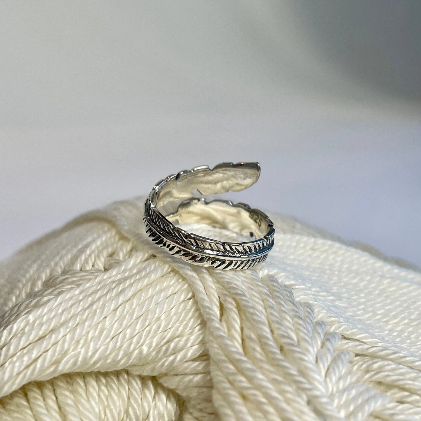 Feather Sterling Silver Crochet Ring. Adjustable for crochet tension and comfort. Handmade in Sterling Silver.