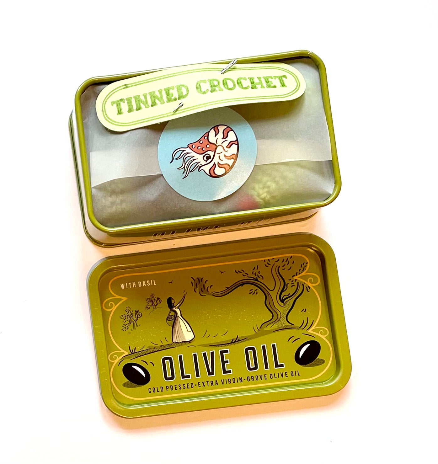 Olives Crochet in a Tin. Complete Crochet kit.