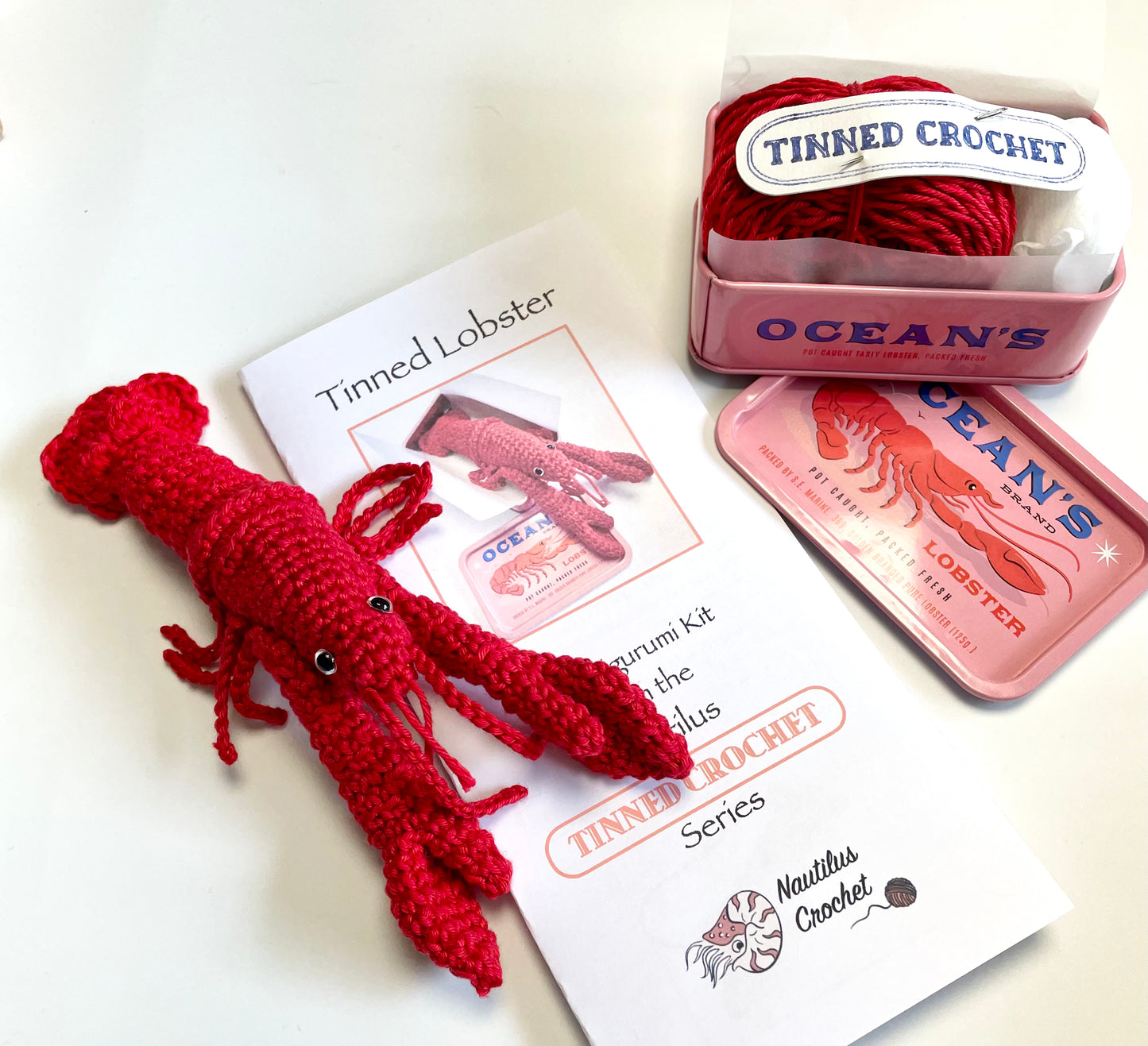 Lobster Crochet in a Tin. Complete Crochet kit. Bougie Tinned Lobster.