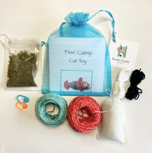 Cat Toy Crochet Kit. Everything you need to make your cat a 'Finn the Fish' Catnip Toy in luxury 100 % Cotton Yarn & Organic Catnip.