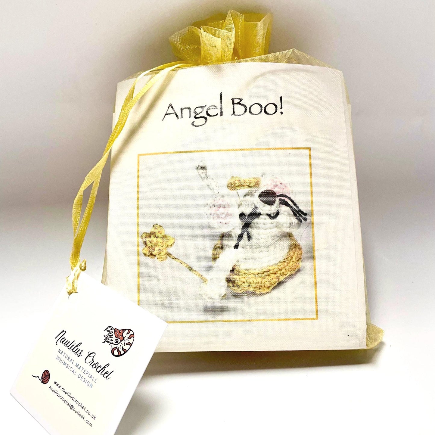 Angel Mouse - 'Boo'. Complete Amigurumi Crochet Kit with luxury natural British yarn for beginners up.