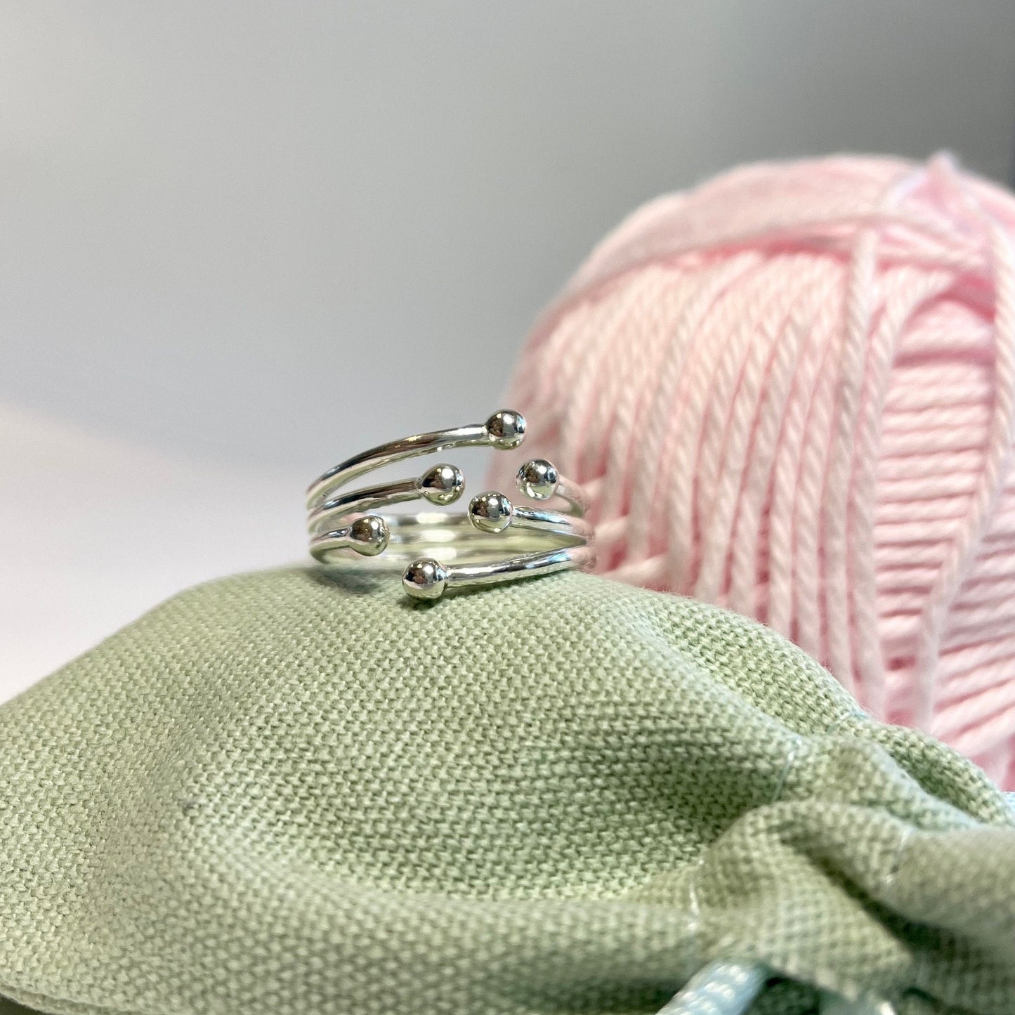 Celestial Orbs Handmade Sterling Silver Crochet Ring. Adjustable for crochet tension and comfort. Handmade Silver for Nautilus Crochet.