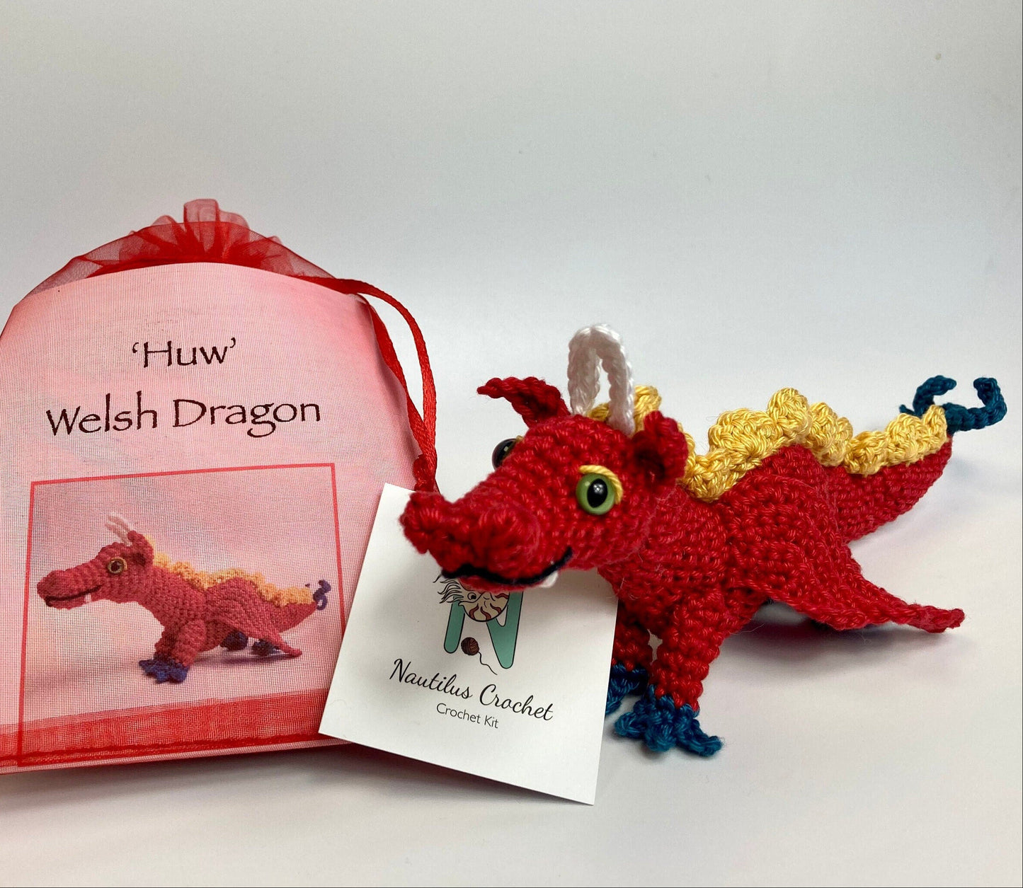 Huw the Welsh Dragon Crochet Kit. Featuring gorgeous UK yarns.