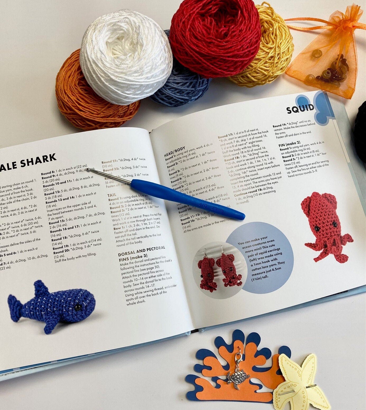 Crocheted Ocean Kit. Book, luxury yarn, crochet hook, turtle stitch marker & accessories. Make the cutest sea creature buddies!