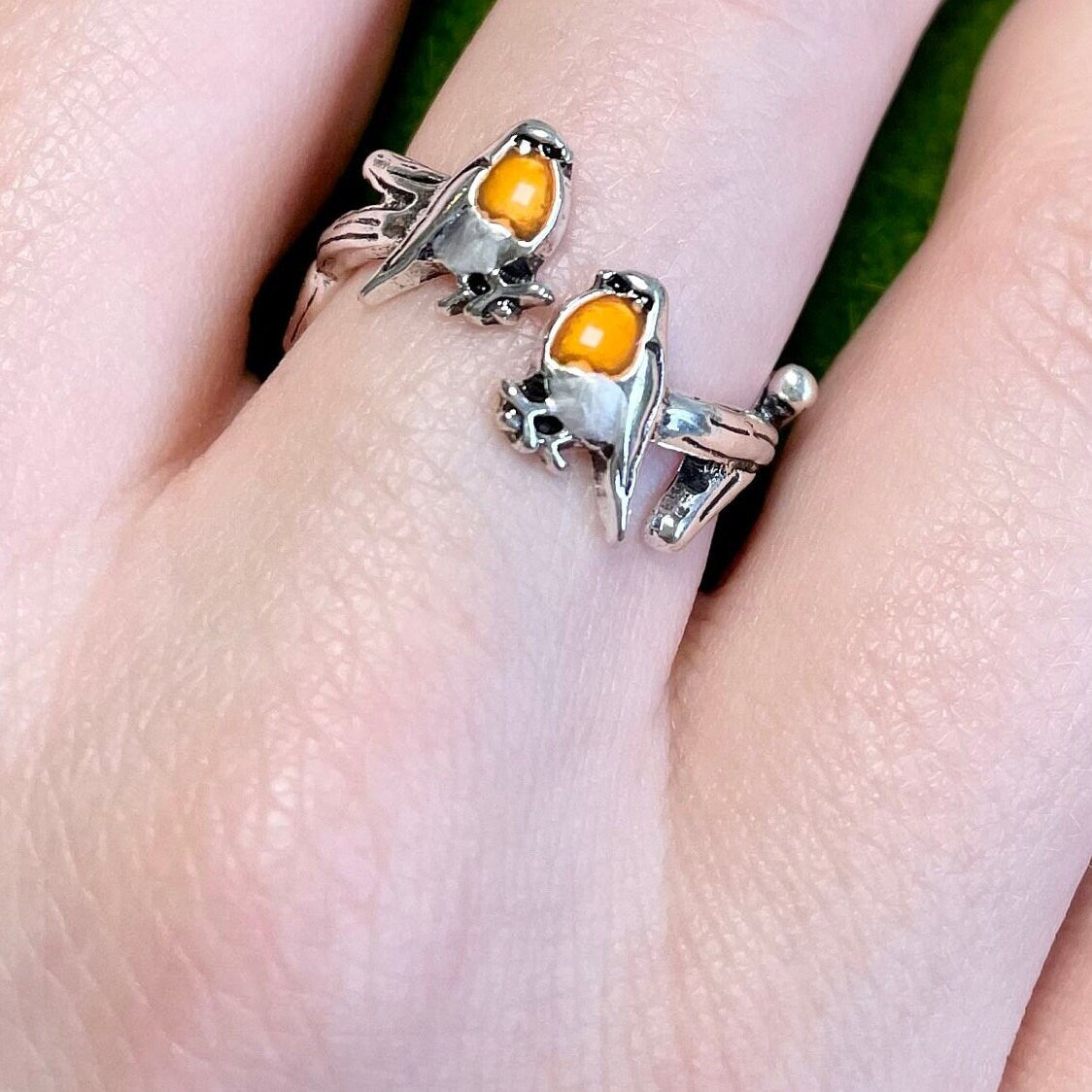 Robin Crochet Ring. This adorable ring features 2 robins perched on a gnarled branch. Silver plated & Size Adjustable. For Crochet Tension.