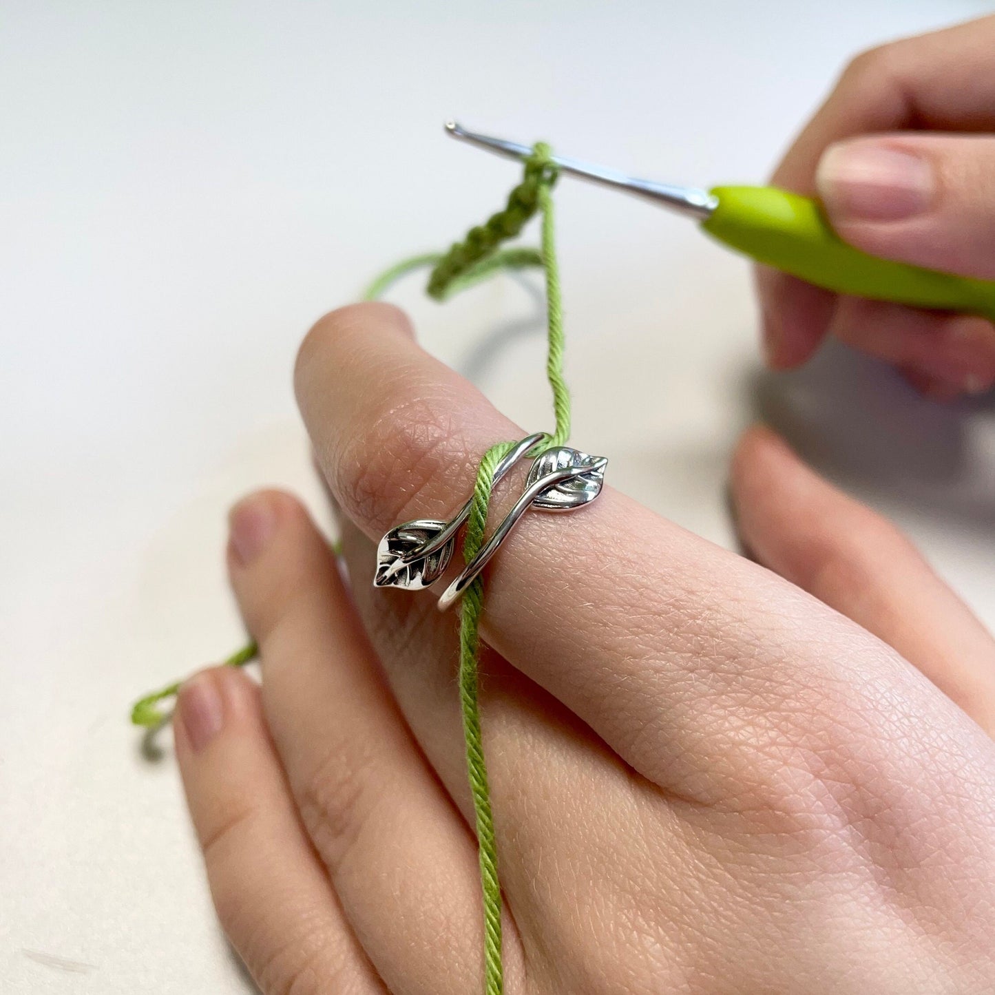 Entwined Leaves 925 Sterling Silver Crochet Ring. An adjustable leaf ring for crochet tension and comfort.