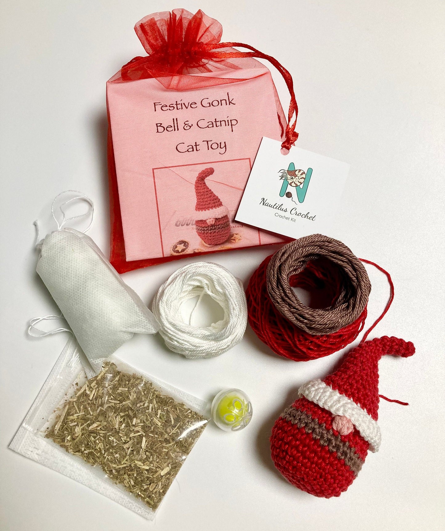 Christmas Cat Toy Crochet Kit. Everything you need to make your cat a Festive Gonk Toy in luxury Cotton Yarn with a Bell & Organic Catnip.