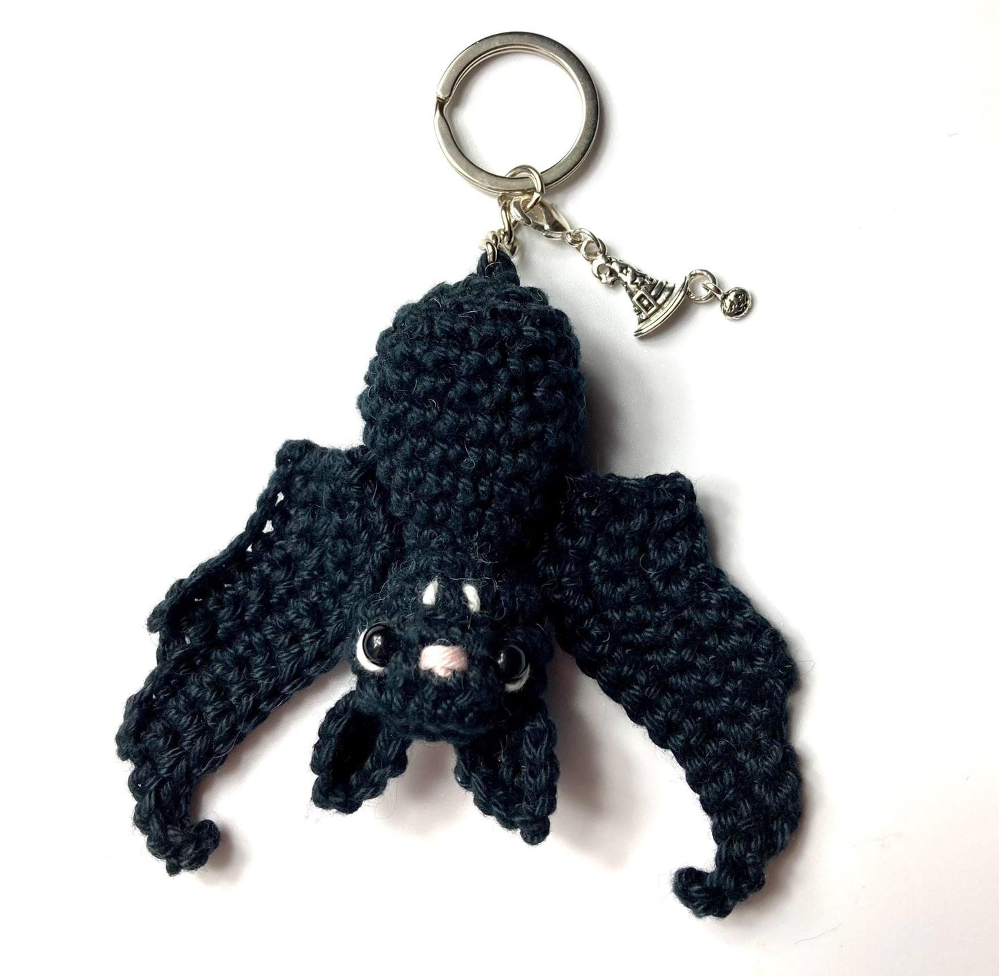 Bat Keyring Crochet Kit. A Complete kit with step by step instructions, luxury yarn & silver stitch marker all in a black velvet bag.
