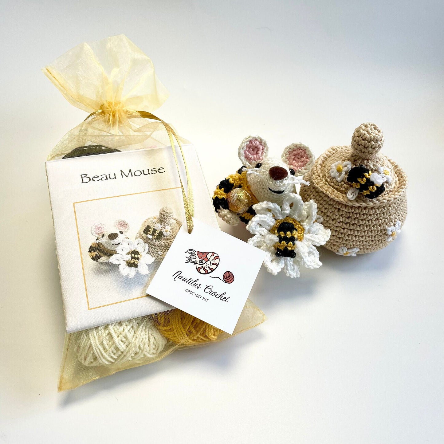 Boo, Honey Mouse Edition! Complete Amigurumi Crochet Kit featuring Boo, her Honey Pot, Daisy & Bees. Spring Gift!