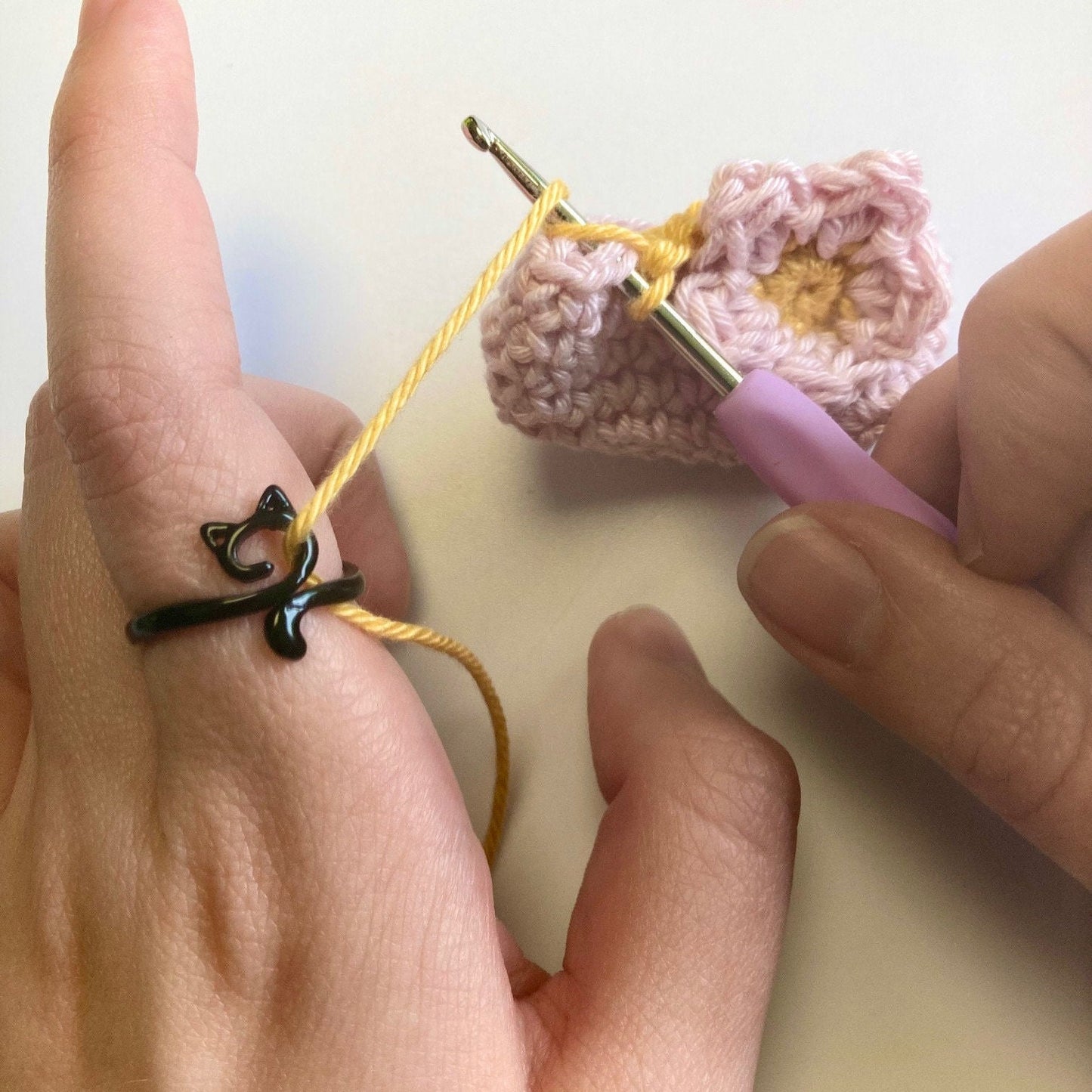Black Cat Crochet Ring. The cutest little black metal, adjustable, cat ring for crochet tension and comfort.