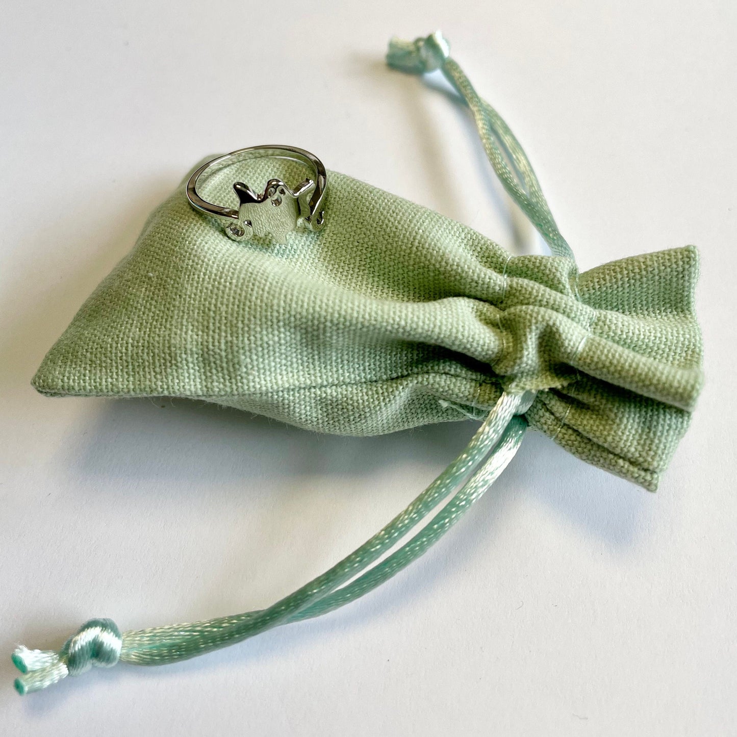 Tiny floating Ghost Silver Plated Crochet Ring. Adjustable size for crochet tension and comfort.