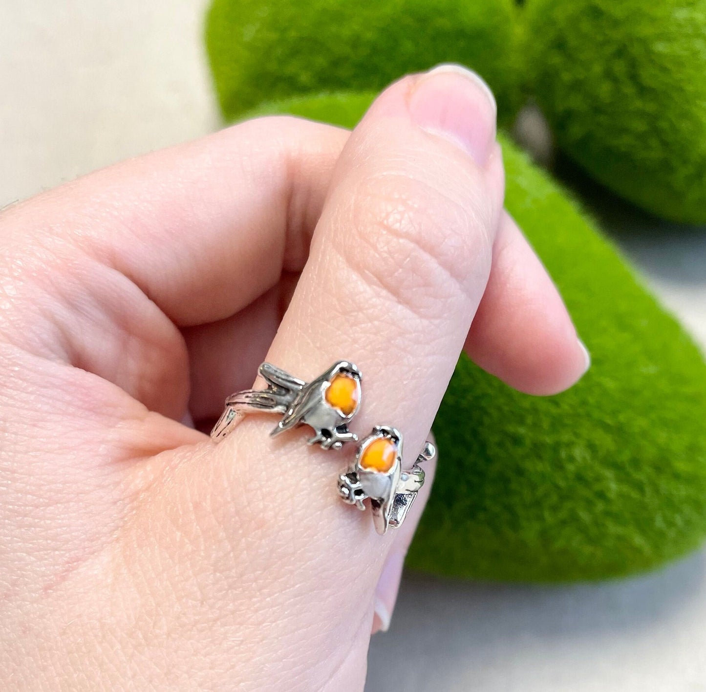 Robin Crochet Ring. This adorable ring features 2 robins perched on a gnarled branch. Silver plated & Size Adjustable. For Crochet Tension.
