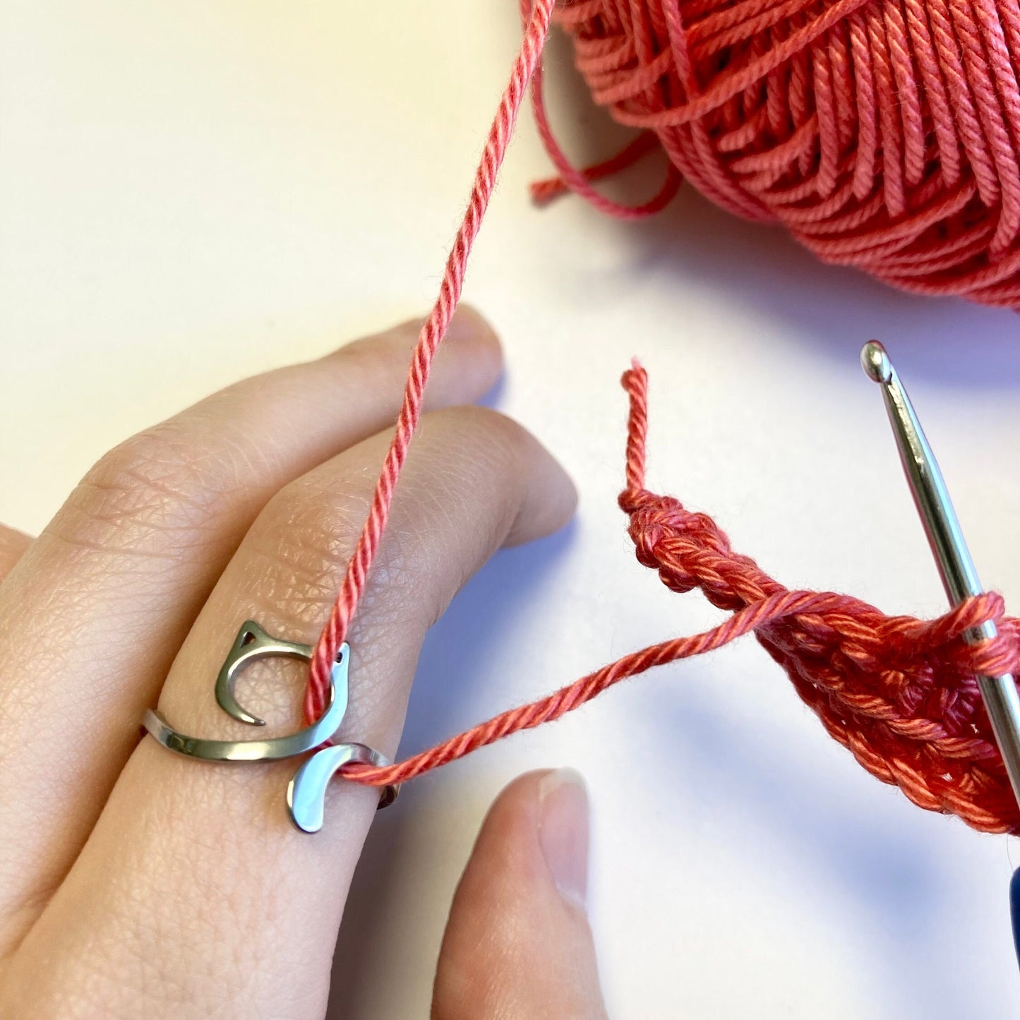 Cat Crochet Ring. A cute little hypo-allergenic stainless steel ring, size adjustable, for crochet tension and comfort.
