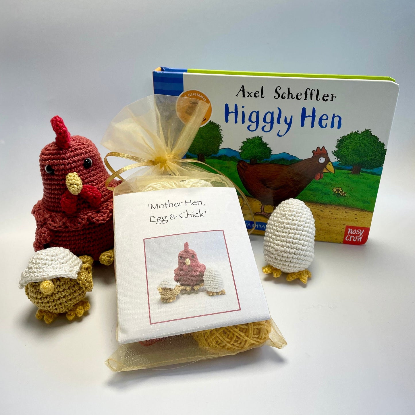 Mother Hen, Egg & Chick Crochet Kit. Including luxury British yarns, gorgeous accessories, plus a delightful story book and card.