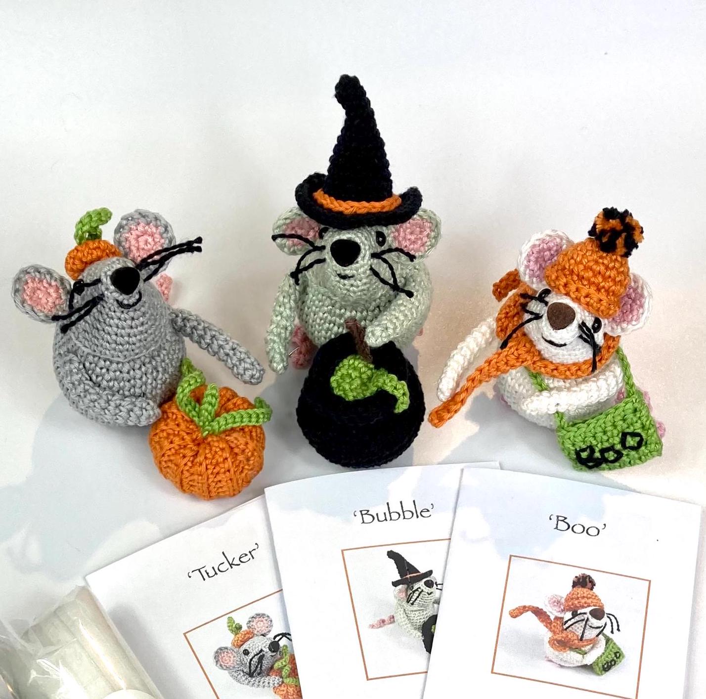 Halloween Trick or Treat Mouse Crochet Kit. Meet 'Boo'! Complete Kit with luxury natural yarns, cute pumpkin stitch marker, accessories.