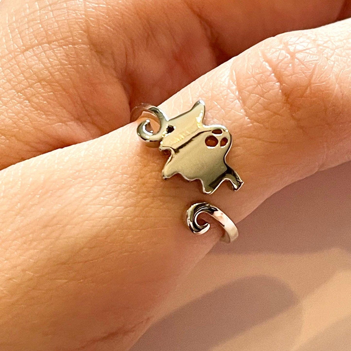 Tiny floating Ghost Silver Plated Crochet Ring. Adjustable size for crochet tension and comfort.