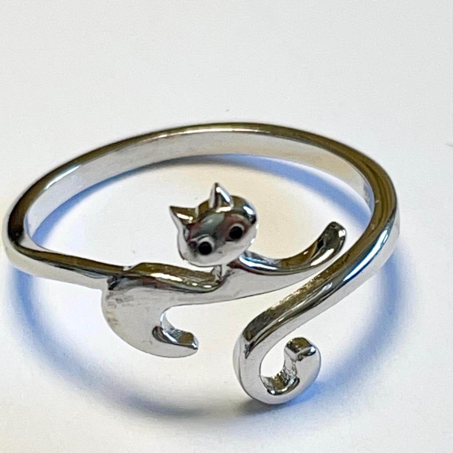 Bewitched Cat Sterling Silver Crochet Ring. Lovely delicate cat ring in cuff style. Adjustable size for crochet tension and comfort.