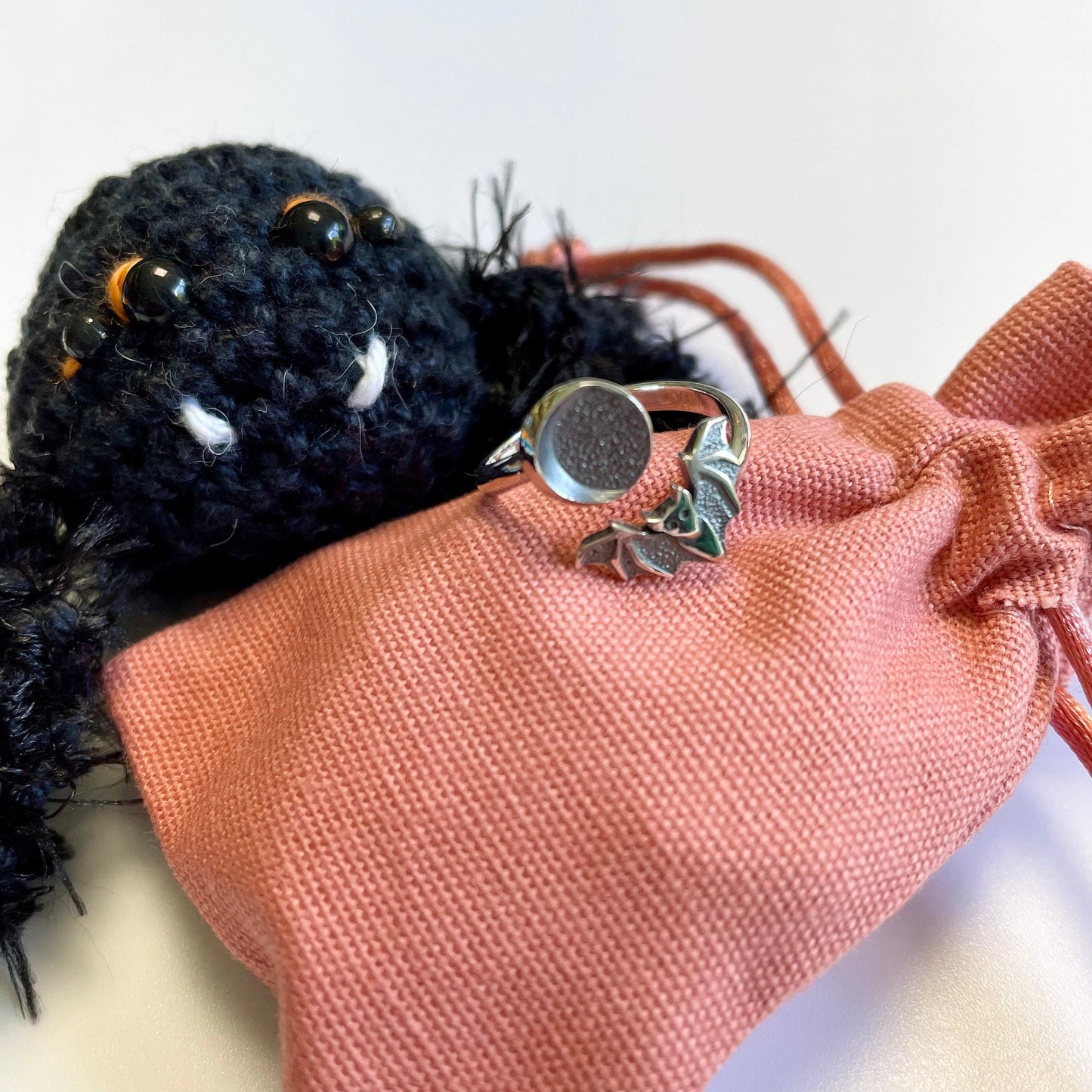 Bat & Moon crochet ring.