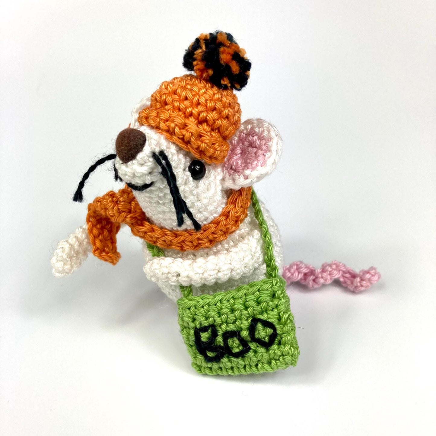 Halloween Trick or Treat Mouse Crochet Kit. Meet 'Boo'! Complete Kit with luxury natural yarns, cute pumpkin stitch marker, accessories.