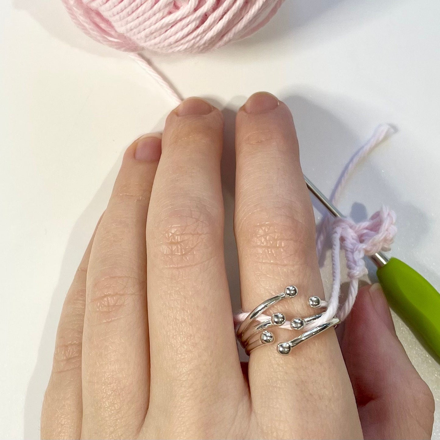 Celestial Orbs Handmade Sterling Silver Crochet Ring. Adjustable for crochet tension and comfort. Handmade Silver for Nautilus Crochet.