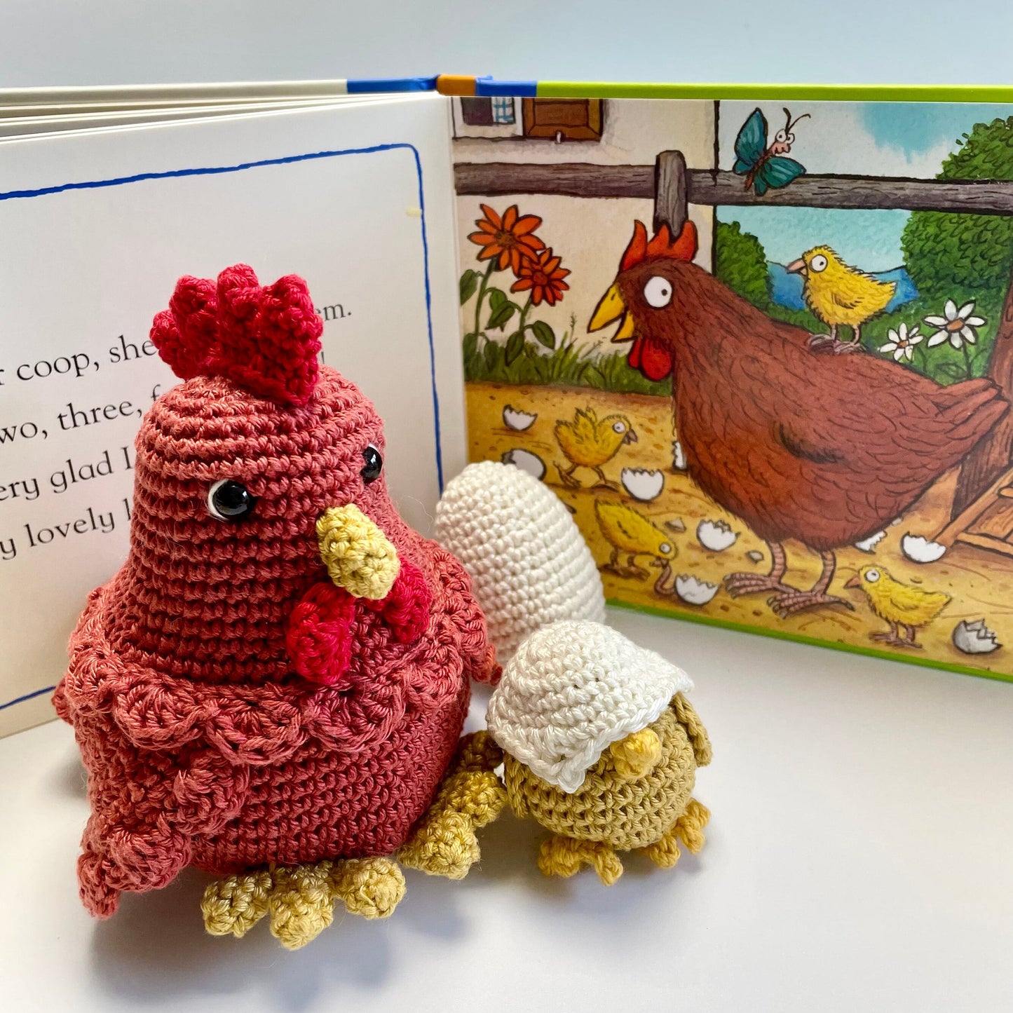 Mother Hen, Egg & Chick Crochet Kit. Including luxury British yarns, gorgeous accessories, plus a delightful story book and card.