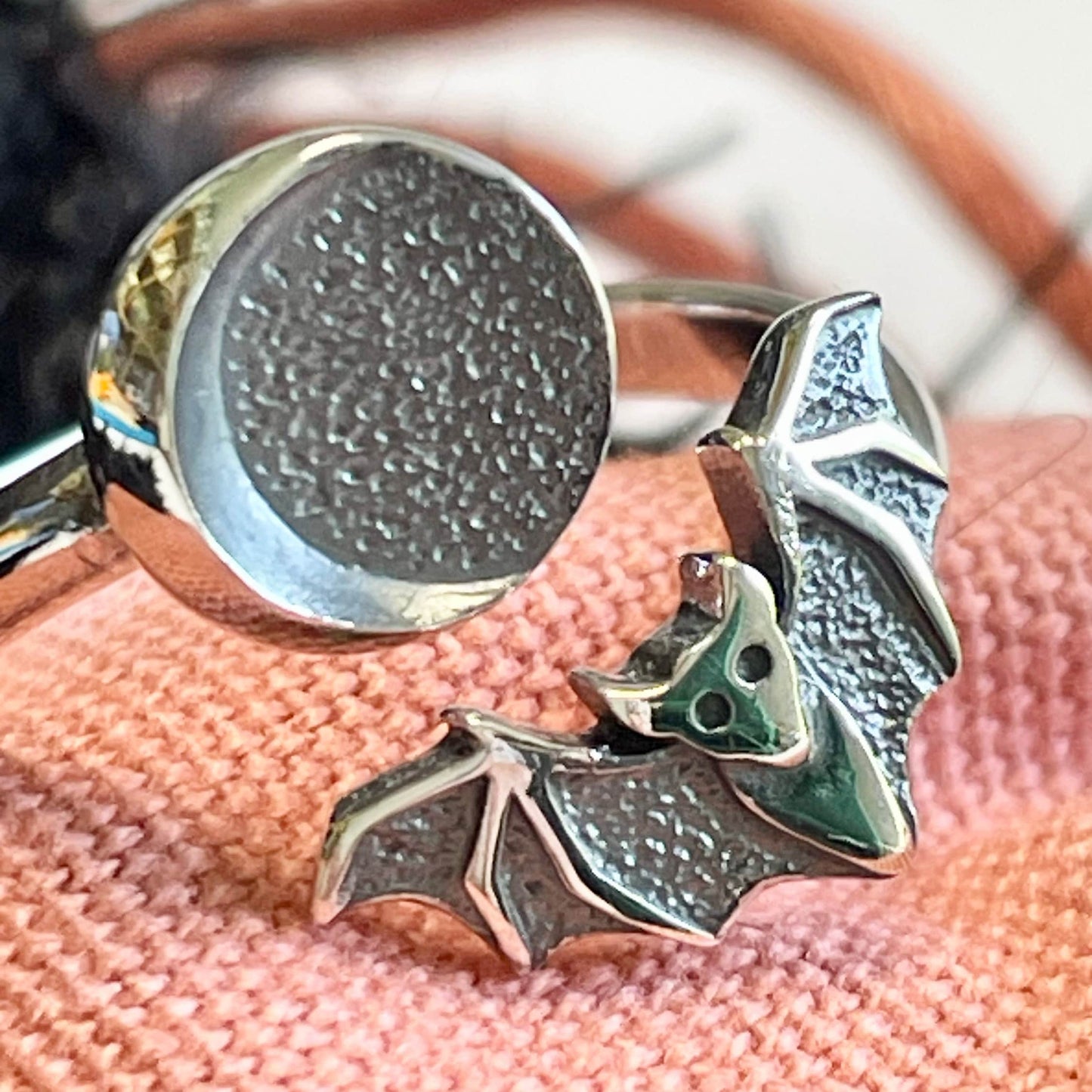 Bat & Moon crochet ring.
