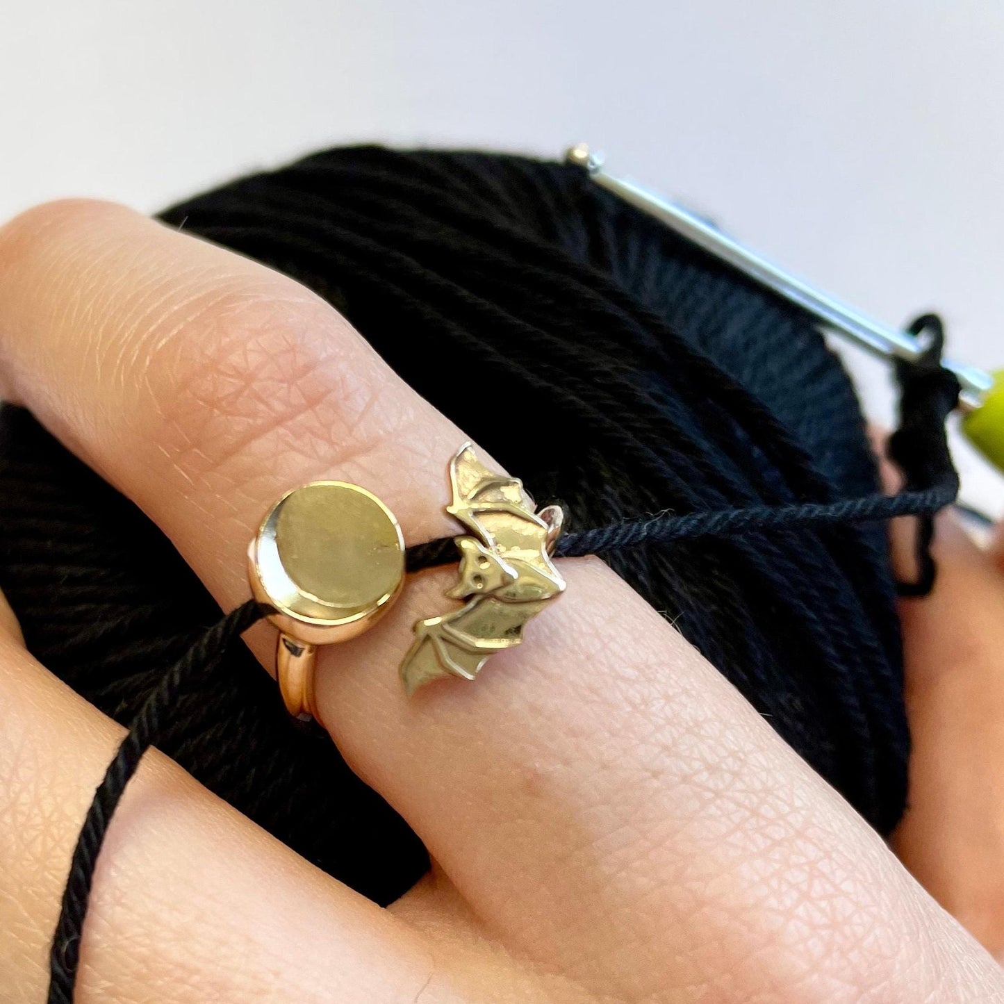 Bat & Moon Bronze Crochet Ring